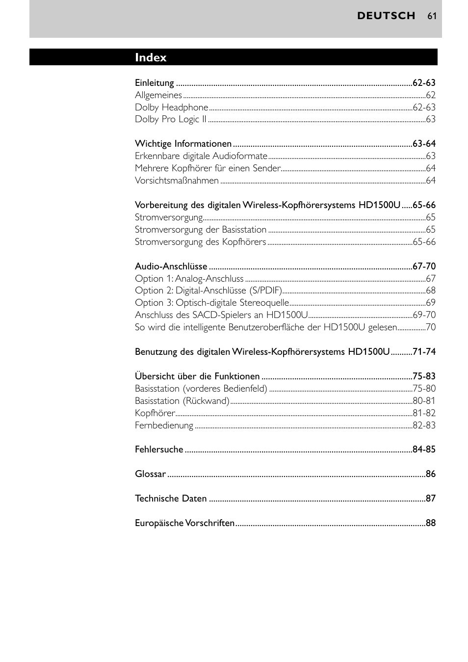 Index | Philips SBCHD1500U User Manual | Page 61 / 229