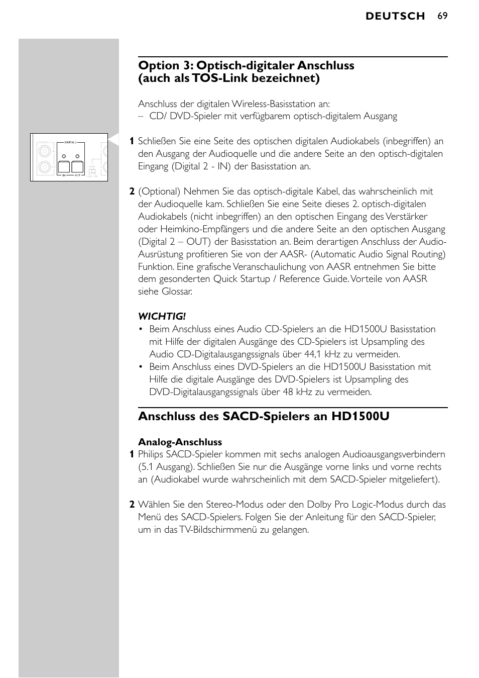 Anschluss des sacd-spielers an hd1500u | Philips SBCHD1500U User Manual | Page 69 / 229