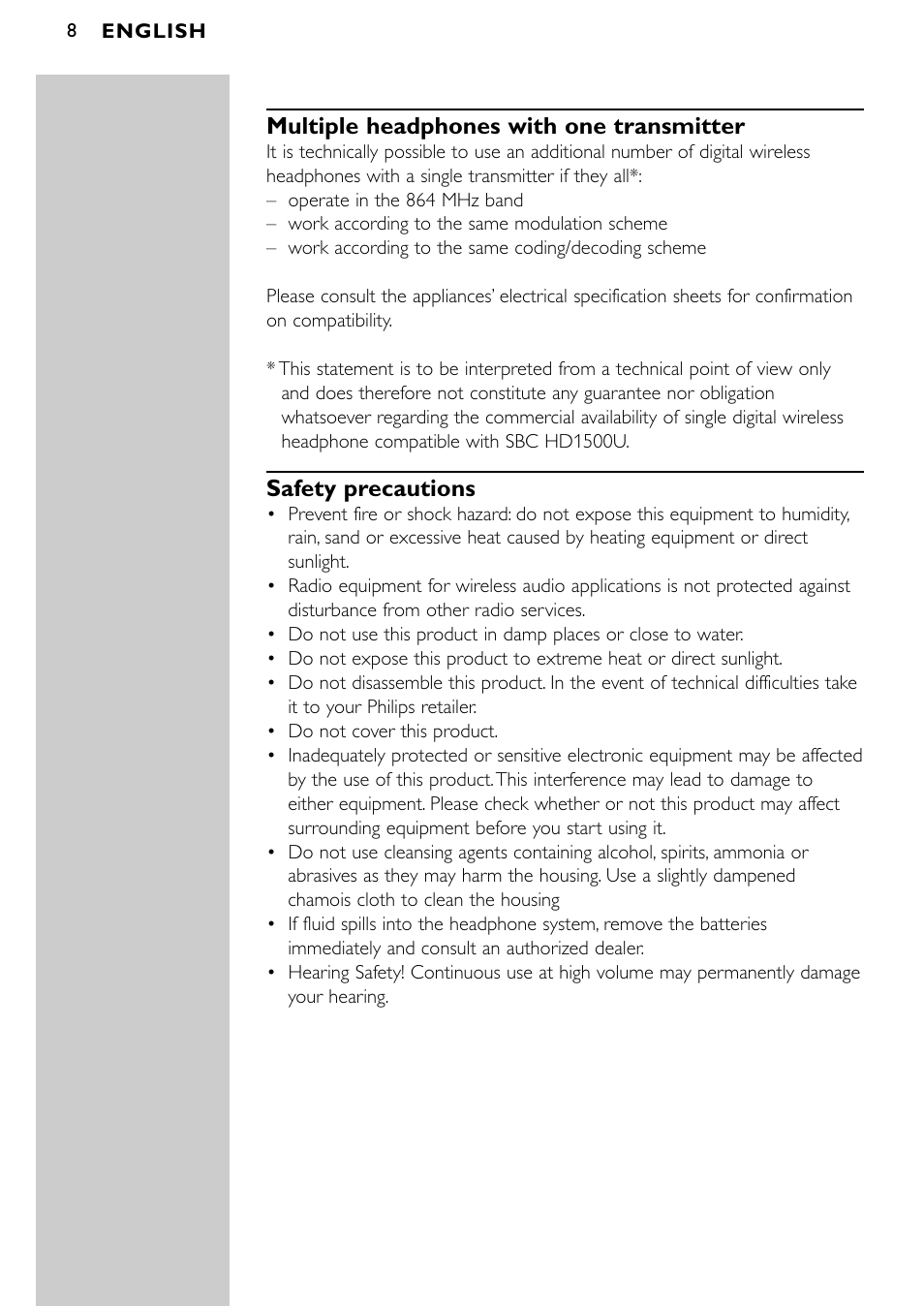 Multiple headphones with one transmitter, Safety precautions | Philips SBCHD1500U User Manual | Page 8 / 229