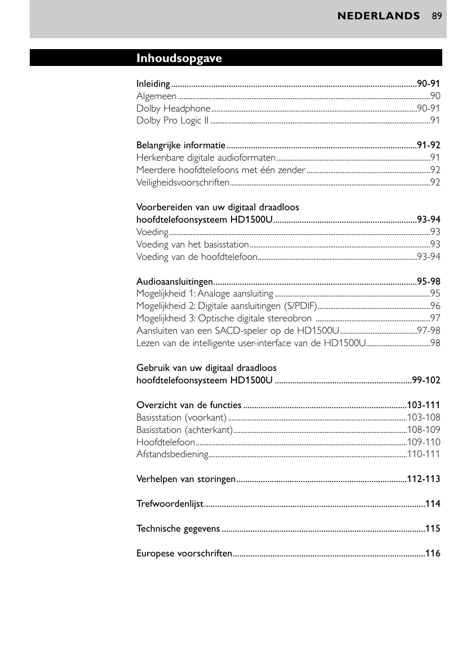 Inhoudsopgave | Philips SBCHD1500U User Manual | Page 89 / 229