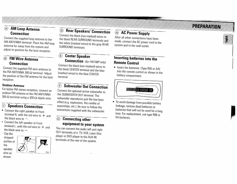 Am loop antenna connection, B) fm wire antenna connection, Outdoor antenna | Speakers connection, D) rear speakers' connection, D center speaker, 0 subwoofer out connection, G) connecting other, Equipment to your system, 0 ac power supply | Philips FW540C User Manual | Page 11 / 86