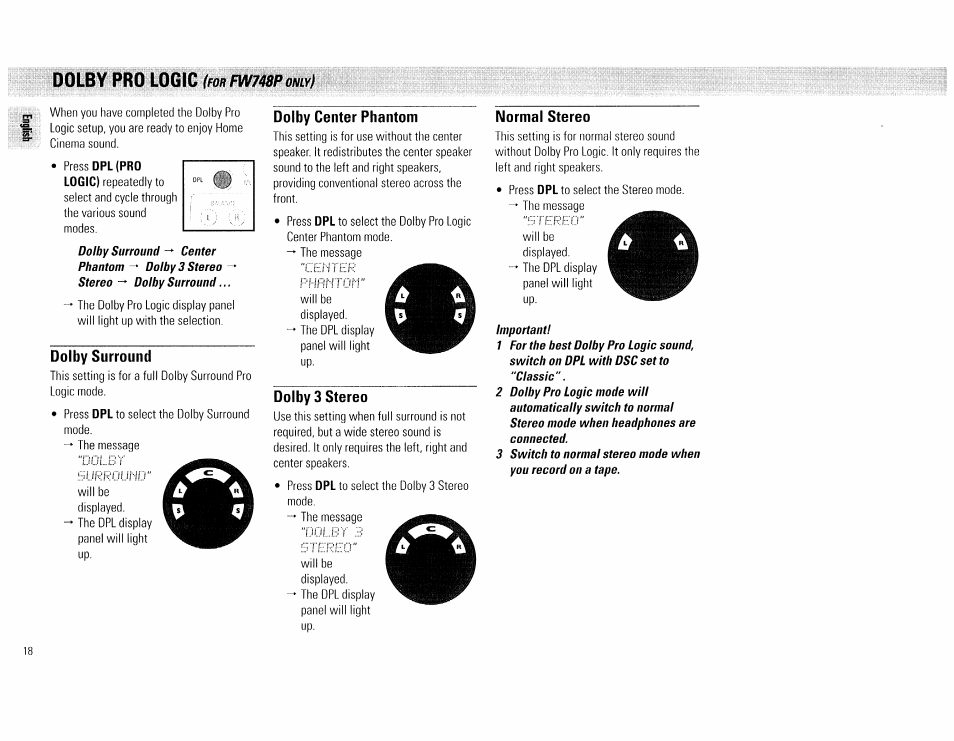 Dolby surround, Dolby center pbantom, Dolby 3 stereo | Normal stereo, Fw748p, Dolby pro logic | Philips FW540C User Manual | Page 18 / 86