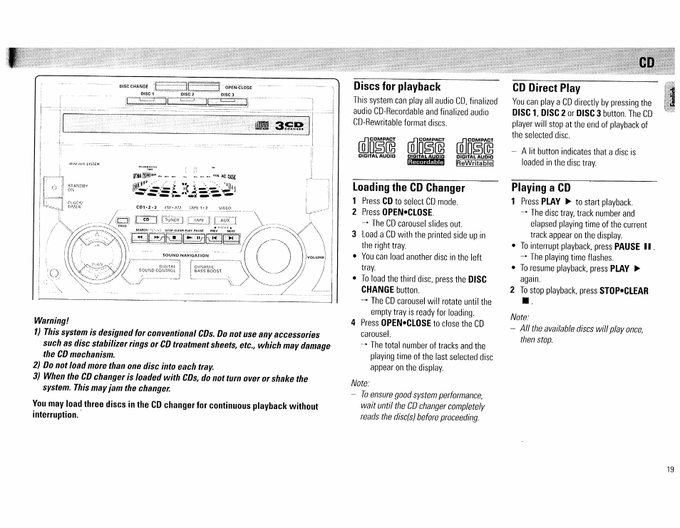 Discs for playback, Loading the cd changer, 2 press open'close | Cd direct play, Playing a cd | Philips FW540C User Manual | Page 19 / 86