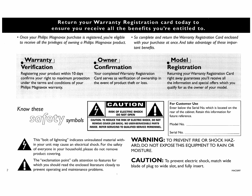 Warranty i verification ^ owner i confirmation, Model i registration, Warning | Caution | Philips FW540C User Manual | Page 2 / 86