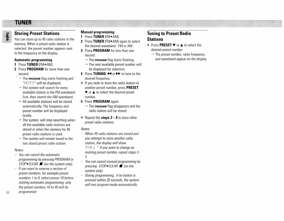 Storing preset stations, Manual programming, Tuning to preset radio stations | Tuner | Philips FW540C User Manual | Page 22 / 86