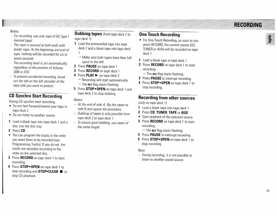 Cd synchro start recording, One touch recording, Recording from other sources | 2 press cd, tuner, tape or aux, Recording, Dubbing tapes | Philips FW540C User Manual | Page 25 / 86