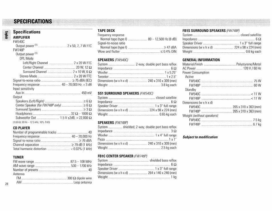 Specifications | Philips FW540C User Manual | Page 28 / 86