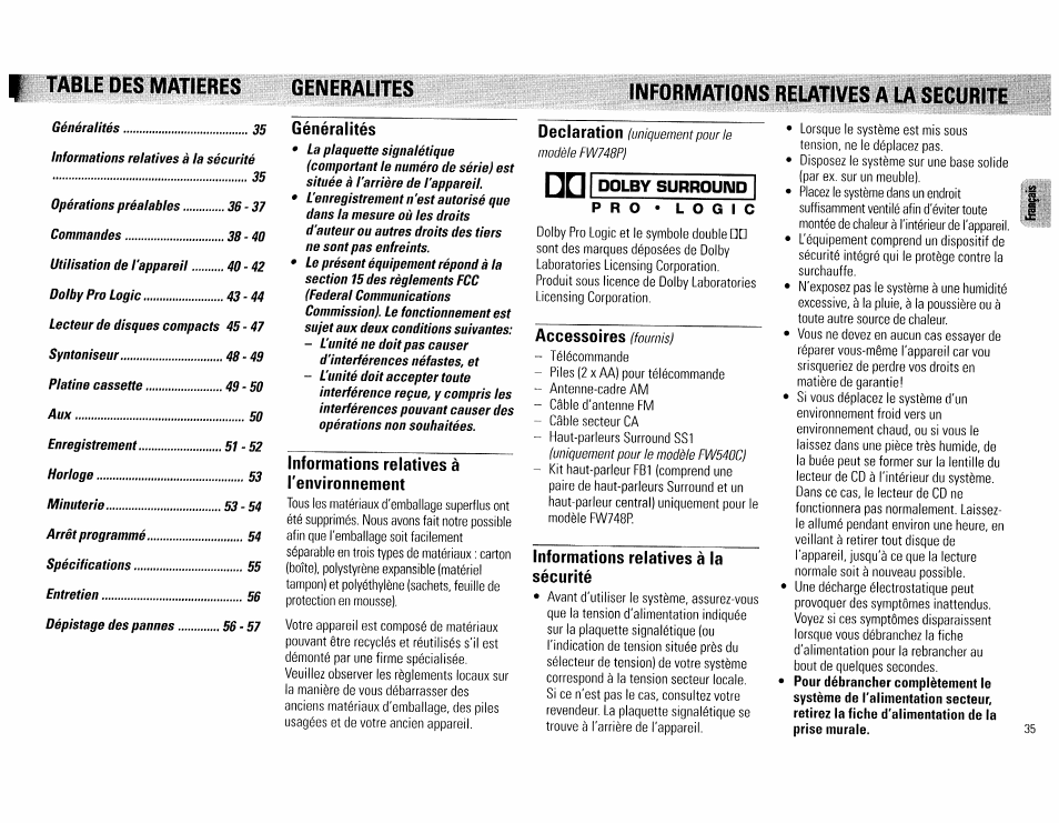 Informations relatives à l'environnement, Logic, Accessoires (fournis) | Informations relatives à la sécurité, I table des matieres, Generalites informations relatives a la securite, Généralités, Declaration, Dolby surround, Accessoires | Philips FW540C User Manual | Page 35 / 86