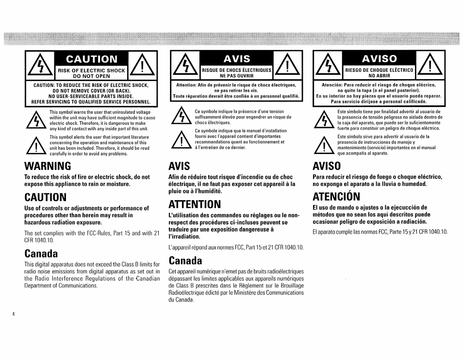 Caution, Avis, Aviso | Philips FW540C User Manual | Page 4 / 86