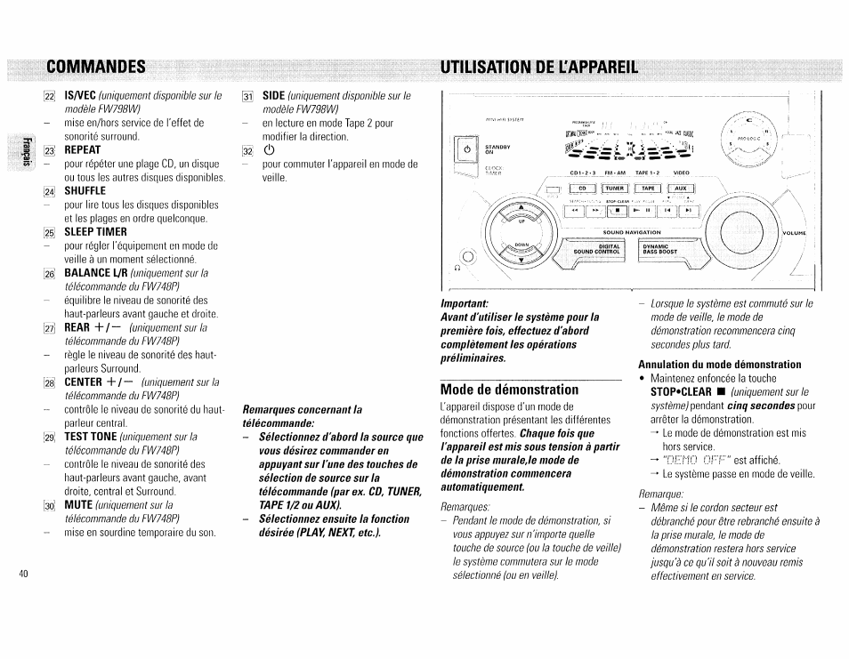 Mode de démonstration, Commandes utilisation de cafpareil | Philips FW540C User Manual | Page 40 / 86