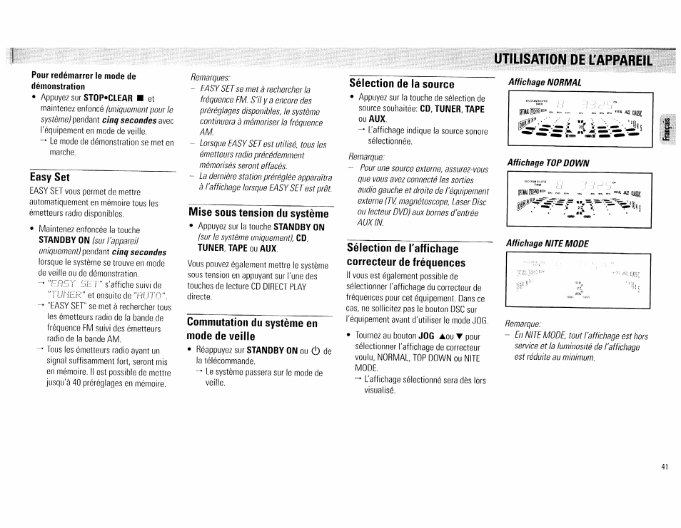 Pour redémarrer le mode de démonstration, Easy set, Mise sous tension du système | Commutation du système en mode de veille, Sélection de la source, Sélection de l'affichage correcteur de fréquences, Utilisation de l'appareil | Philips FW540C User Manual | Page 41 / 86