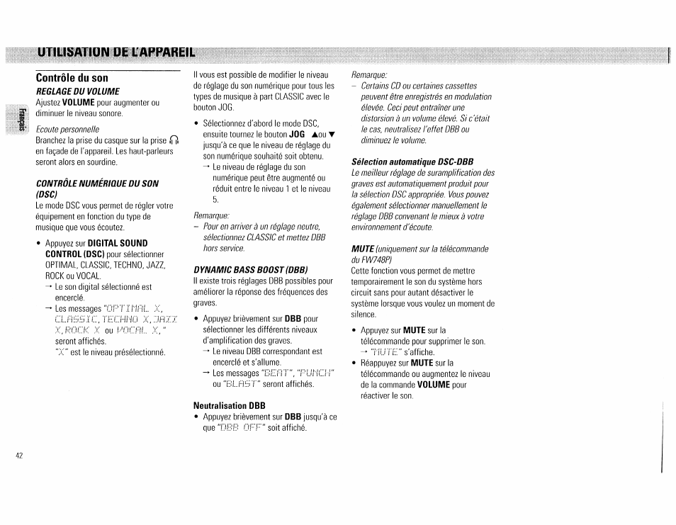 Contrôle du son, Neutralisation dbb, Utiysation oi l'appareil | Philips FW540C User Manual | Page 42 / 86