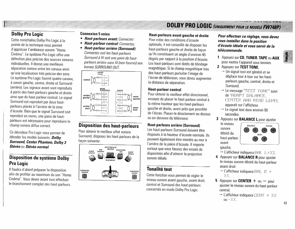 Dolby pro logic, Disposition du système dolby pro logic, Connexion 5 voies | Haut-parleurs avant gauche et droite, Tonalité test, Dolby pro, Îxîêislfynimm/iemmûmj£mooèiefwt48l, Disposition des haut-parleurs | Philips FW540C User Manual | Page 43 / 86