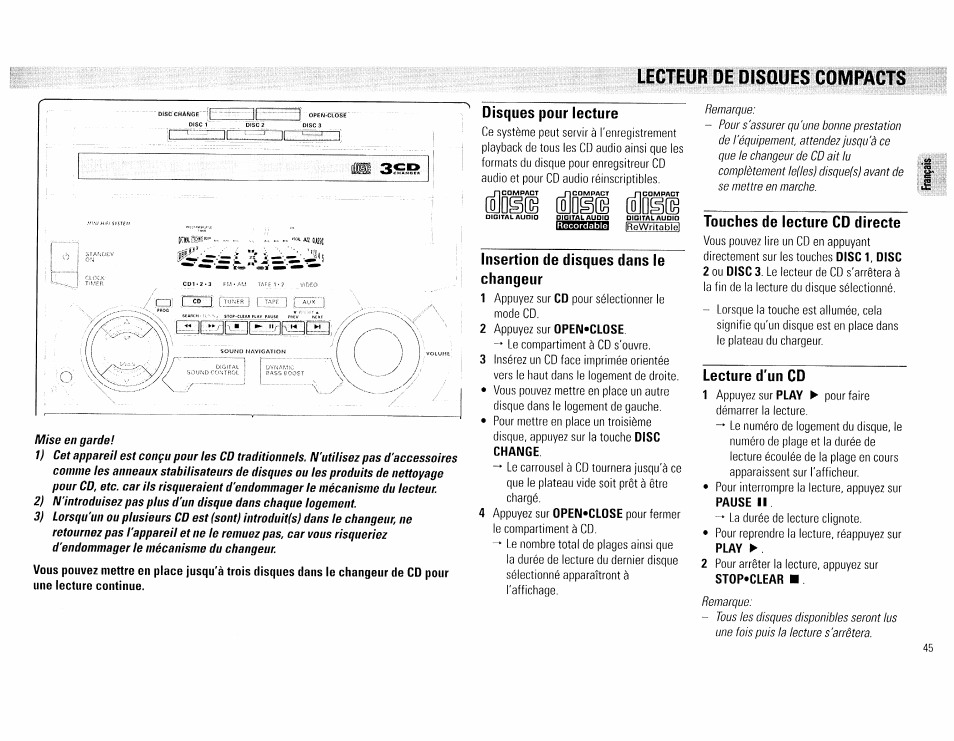 Disques pour lecture, Insertion de disques dans le changeur, Touches de lecture cd directe | Lecture d'un cd, Lecteur de disques compacts | Philips FW540C User Manual | Page 45 / 86