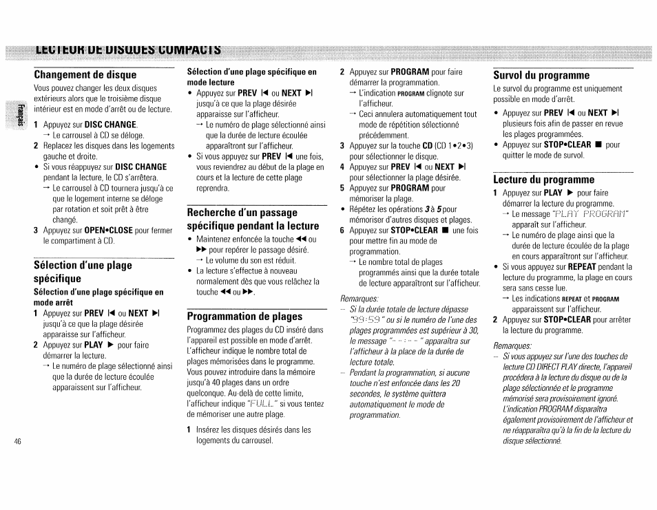 L.l:ul i:uk ut: ulsuuts uumpaüis, Changement de disque, Sélection d'une plage spécifique | Sélection d'une plage spécifique en mode lecture, Programmation de plages, Survol du programme, Lecture du programme | Philips FW540C User Manual | Page 46 / 86