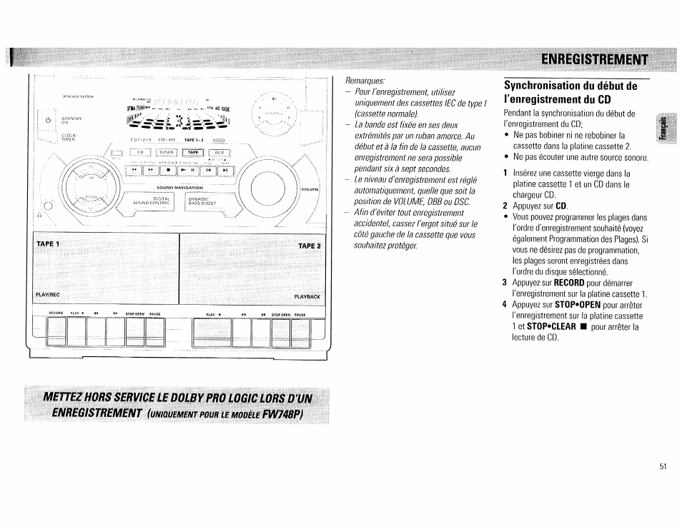 Synchronisation du début de l'enregistrement du cd, Fw748pi, Enregistrement | Philips FW540C User Manual | Page 51 / 86