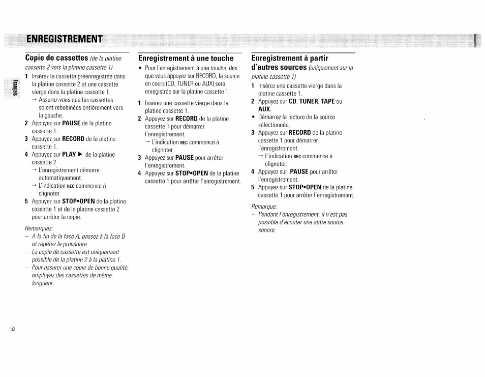 Copie de cassettes (de la platine, Enregistrement à une touche, Enregistrement à partir | Enregistrement, Copie de cassettes, Enregistrement à partir d'autres sources | Philips FW540C User Manual | Page 52 / 86