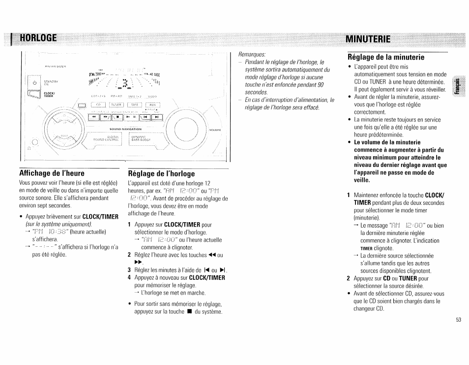 Affichage de l'heure, Réglage de l'horloge, Réglage de la minuterie | I horloge minuterie | Philips FW540C User Manual | Page 53 / 86