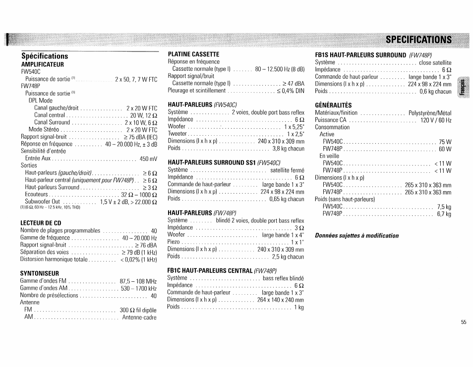 Spécifications, Specifications | Philips FW540C User Manual | Page 55 / 86