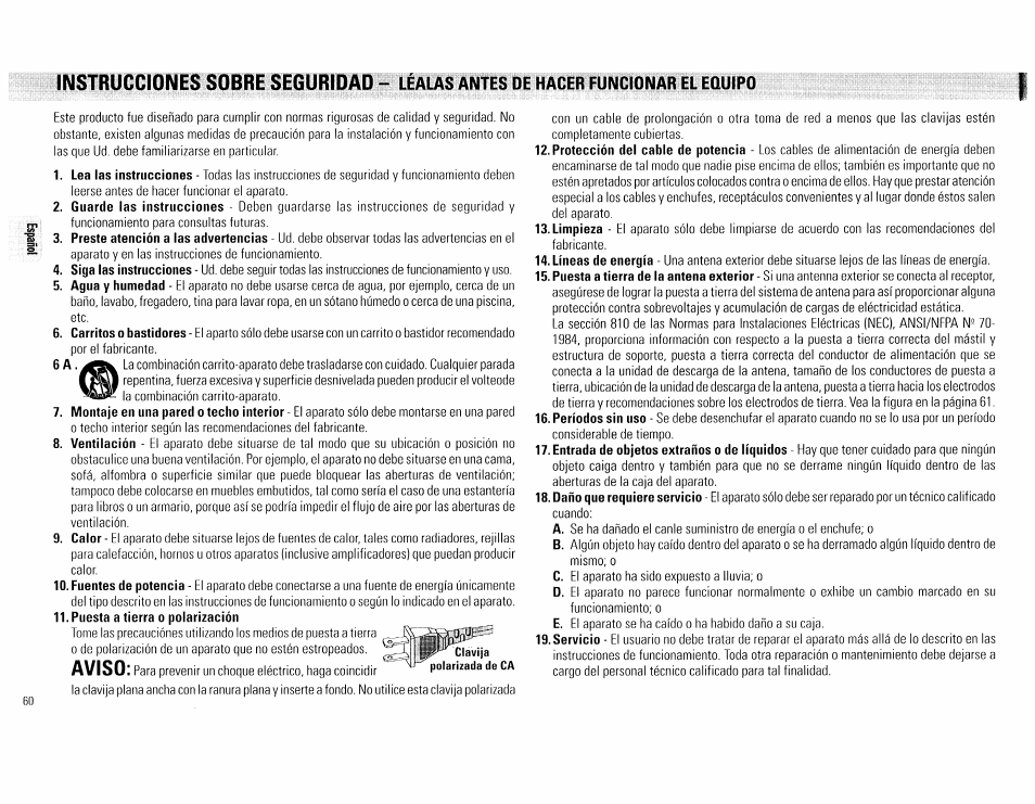 Puesta a tierra o polarización, Instrucciones sobre seguridad, Aviso i | Philips FW540C User Manual | Page 60 / 86