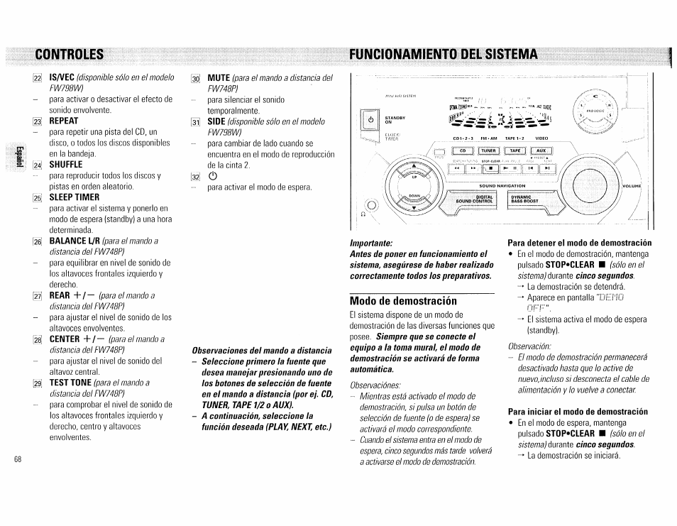 2i repeat, Sleep timer, Modo de demostración | Para detener el modo de demostración, Para iniciar el modo de demostración, Controles funcionamiento del sistema | Philips FW540C User Manual | Page 68 / 86