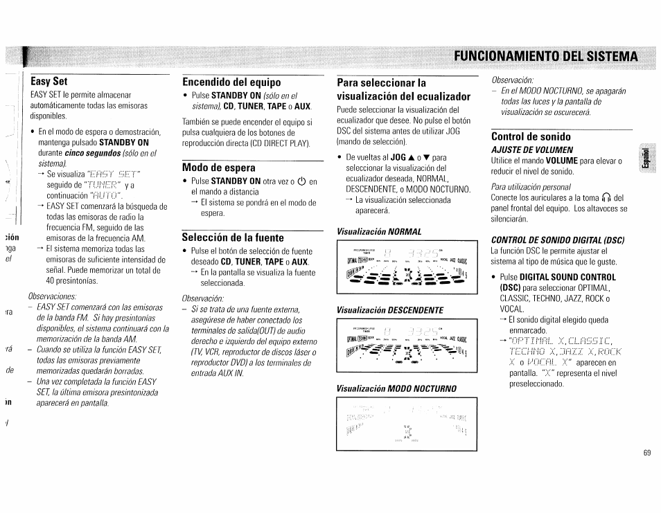 Easy set, Encendido del equipo, Modo de espera | Selección de la fuente, Para seleccionar la visualización del ecualizador, Control de sonido, Pulse digital sound control, Funcionamiento del sistema | Philips FW540C User Manual | Page 69 / 86
