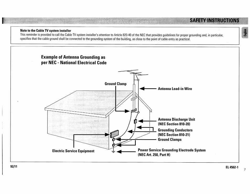 Note to the cable tv system installer, El 4562-1, Saüty instruction | Philips FW540C User Manual | Page 7 / 86