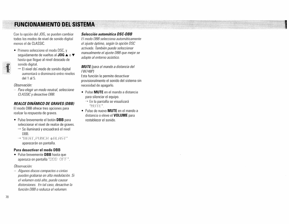 Para desactivar el modo dbb, Funcionamiento del sistema | Philips FW540C User Manual | Page 70 / 86