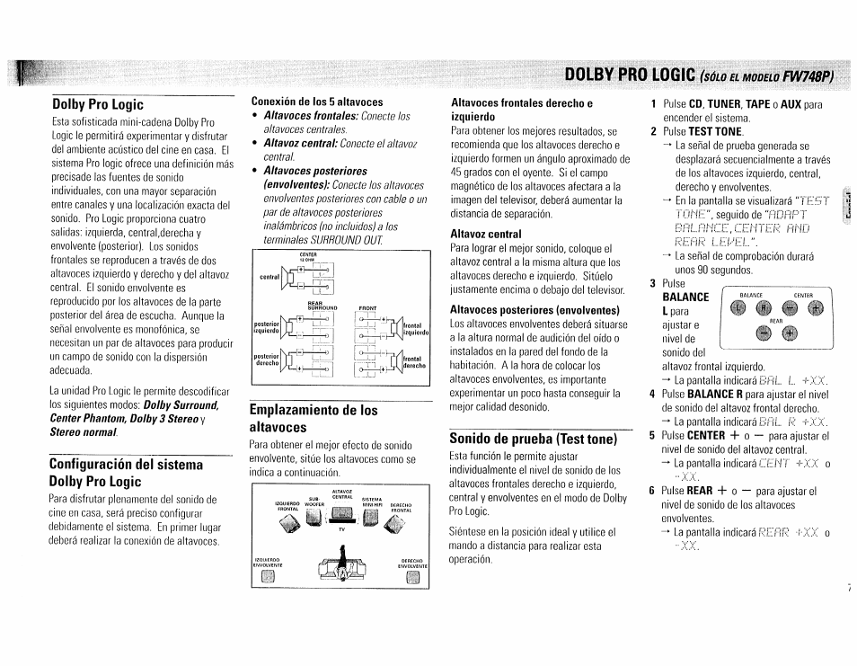 Dolby pro logic, Configuración del sistema dolby pro logic, Conexión de los 5 altavoces | Emplazamiento de los altavoces, Altavoces frontales derecho e izquierdo, Altavoz central, Sonido de prueba (test tone), Balance, Fw748p) | Philips FW540C User Manual | Page 71 / 86