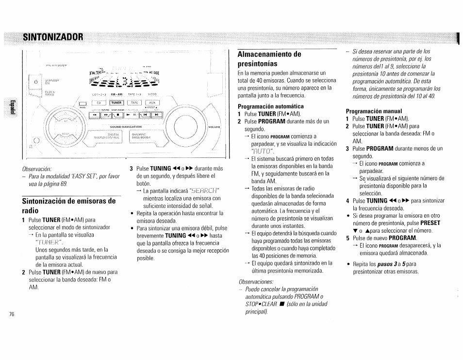 Sintonización de emisoras de radio, Almacenamiento de presintonías, Programación manual | Sintonizador | Philips FW540C User Manual | Page 76 / 86
