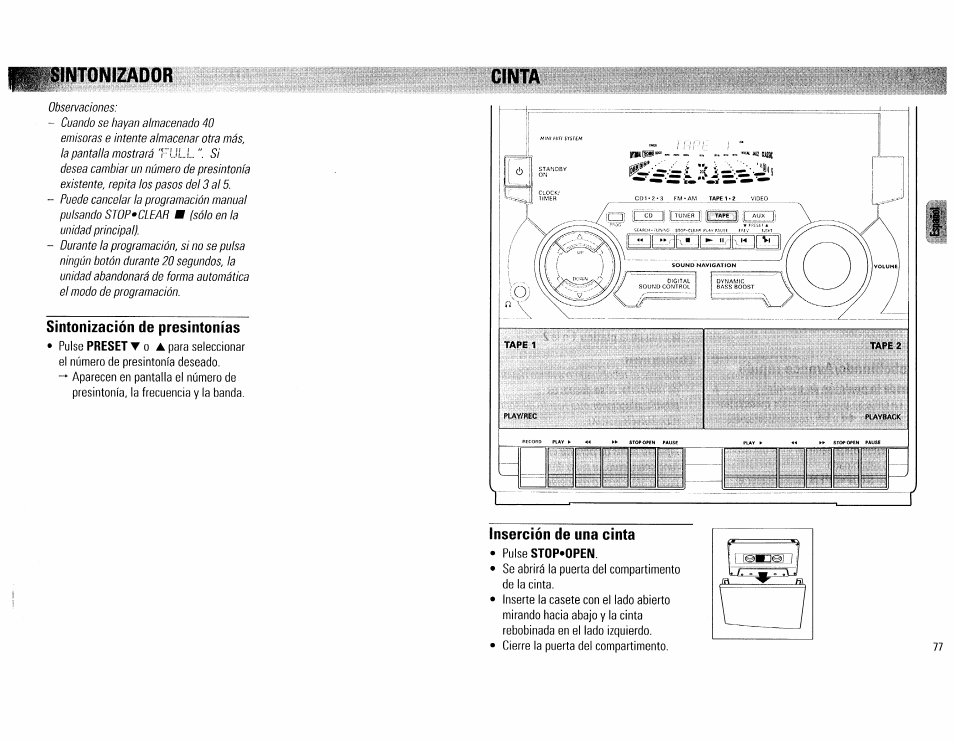 Sintonización de presintonías, Inserción de una cinta, Intonizador ctnta | Philips FW540C User Manual | Page 77 / 86