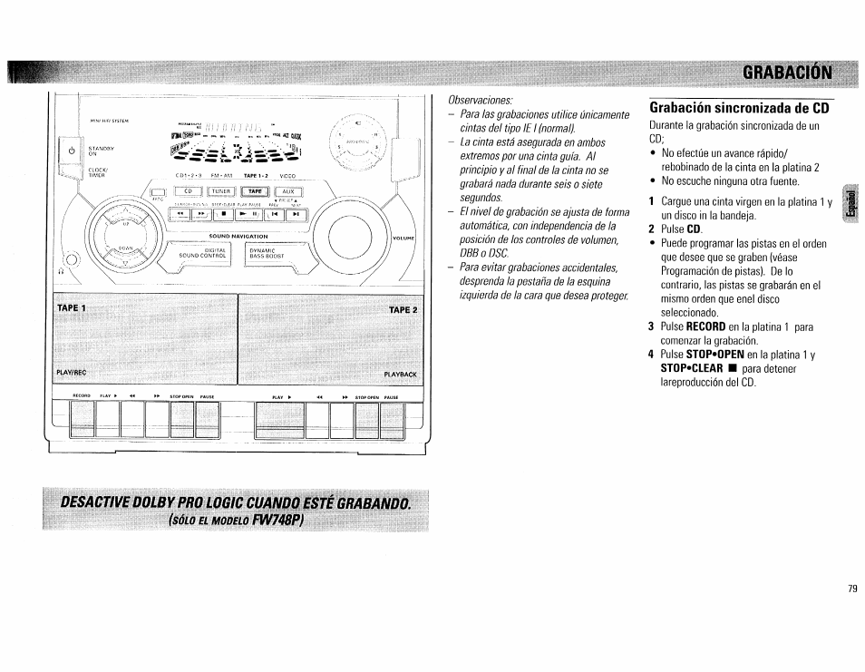 Grabación sincronizada de cd, Desactive dolby pro logic cuando mé grabando, Fw748p | Philips FW540C User Manual | Page 79 / 86