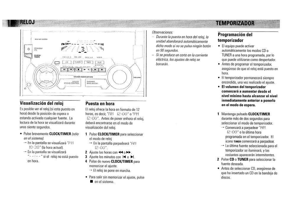 Visualización del reloj, Puesta en hora, Programación del temporizador | Philips FW540C User Manual | Page 81 / 86