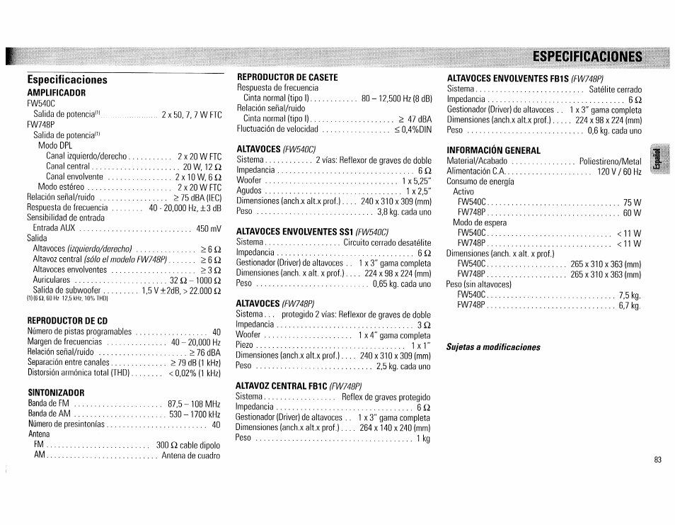 Especificaciones | Philips FW540C User Manual | Page 83 / 86