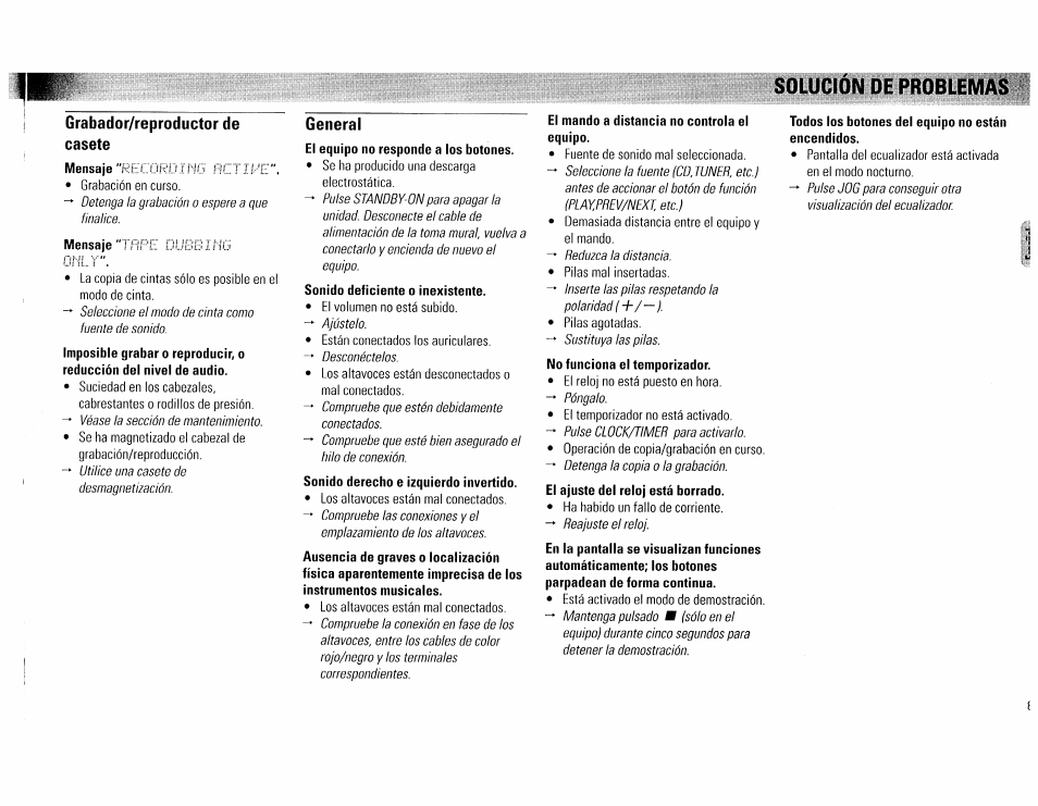 Grabador/reproductor de casete, General, Sonido deficiente o inexistente | El mando a distancia no controla el equipo, Todos los botones del equipo no están encendidos | Philips FW540C User Manual | Page 85 / 86