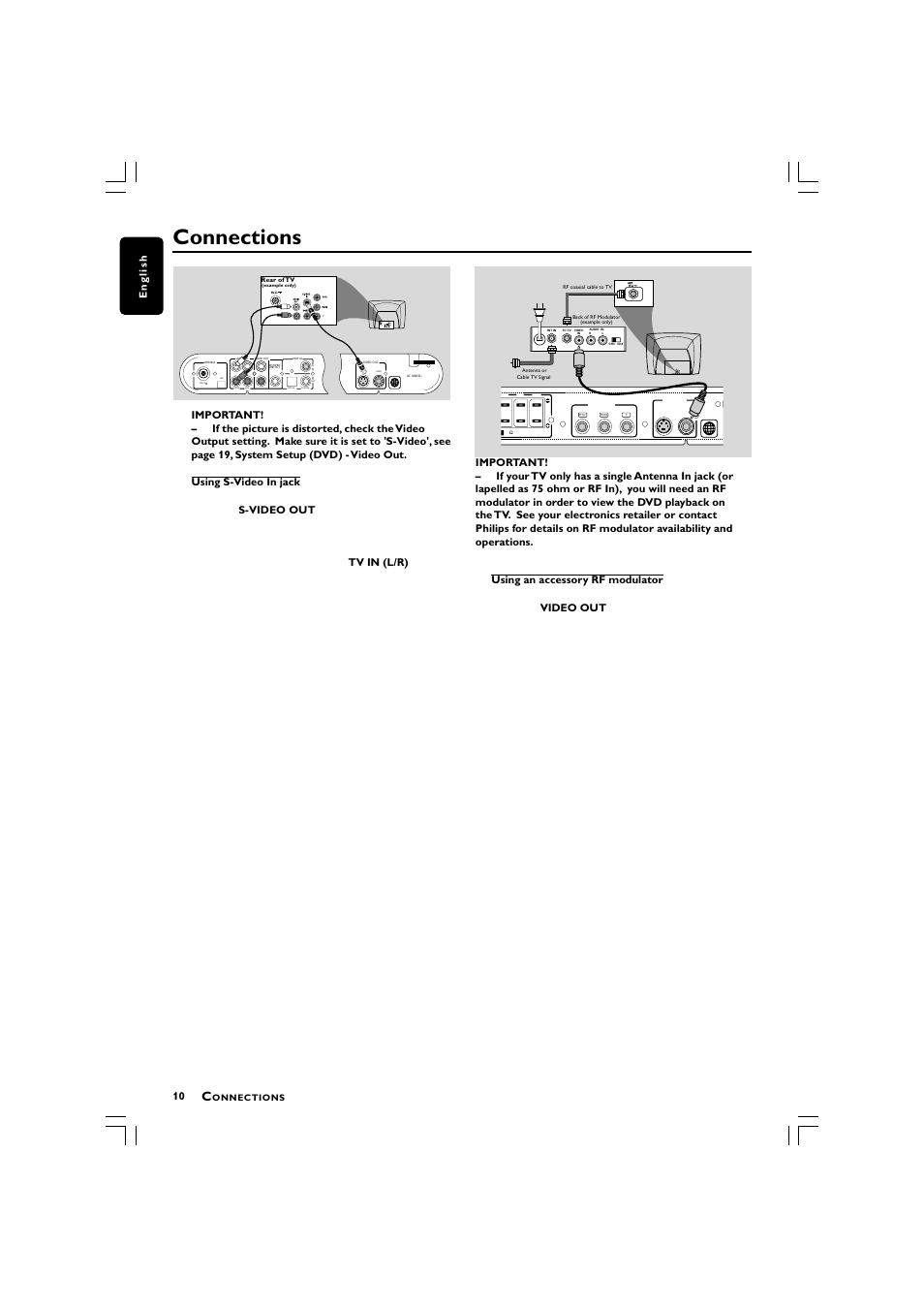 Connections, Audio out s-video in video in y, 10 english | Philips LX3750 User Manual | Page 10 / 33