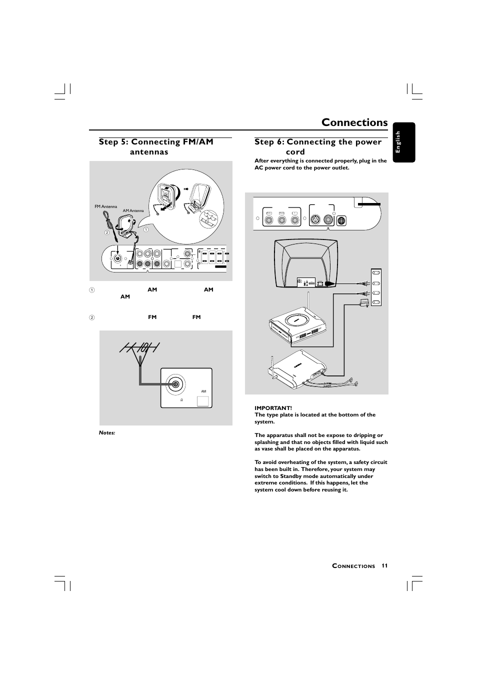 Connections, Step 5: connecting fm/am antennas, Step 6: connecting the power cord | Audio out s-video in video in scart in ~ ac mains | Philips LX3750 User Manual | Page 11 / 33