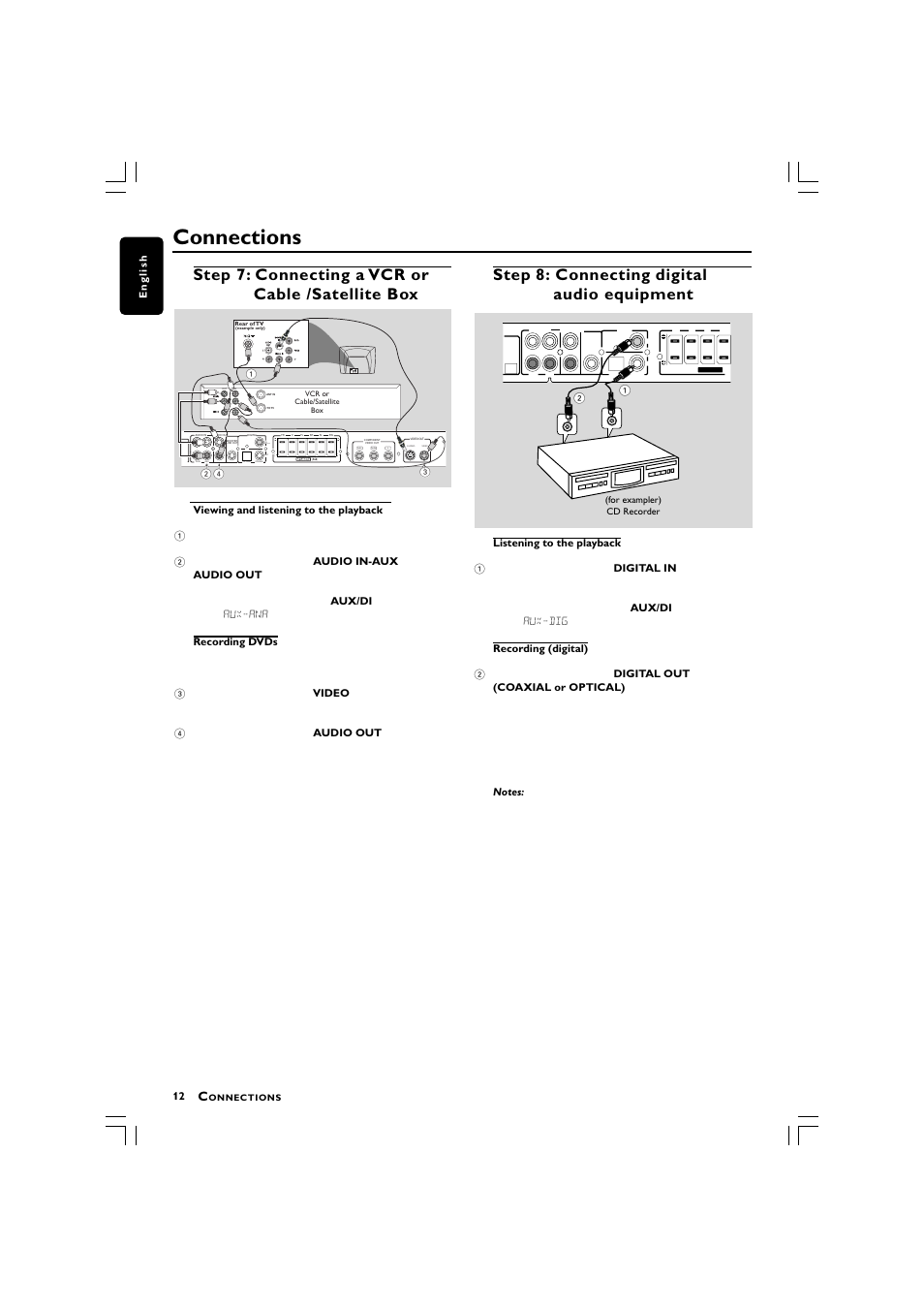 Connections, Step 7: connecting a vcr or cable /satellite box, Step 8: connecting digital audio equipment | Philips LX3750 User Manual | Page 12 / 33