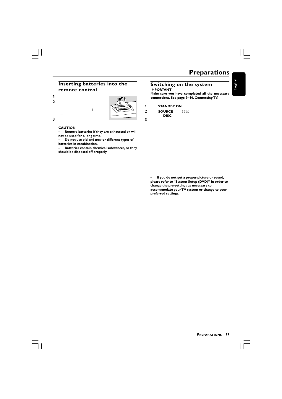 Preparations, Inserting batteries into the remote control, Switching on the system | Philips LX3750 User Manual | Page 17 / 33