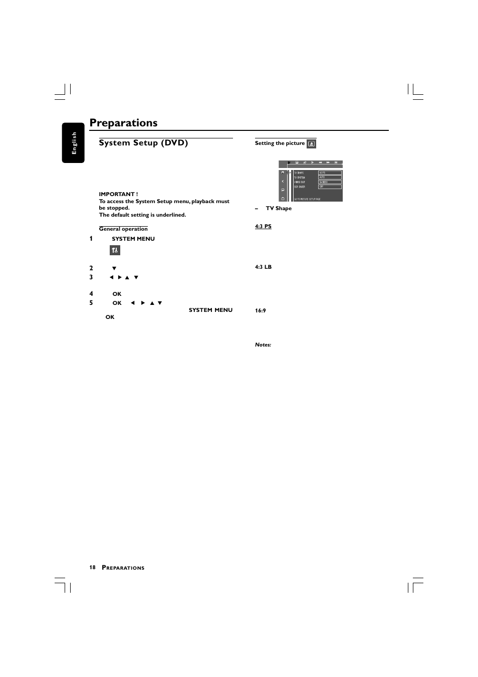 Preparations, System setup (dvd) | Philips LX3750 User Manual | Page 18 / 33