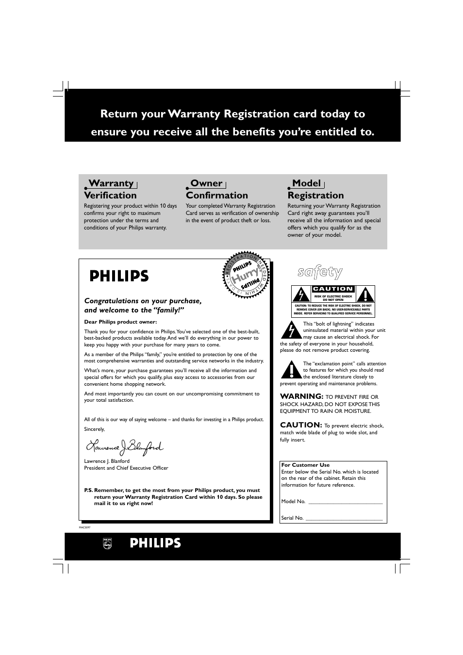 Safety, Hurry, Warranty verification | Owner confirmation, Model registration | Philips LX3750 User Manual | Page 2 / 33