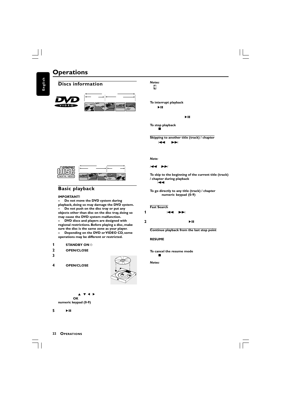 Operations, Discs information, Basic playback | Philips LX3750 User Manual | Page 22 / 33