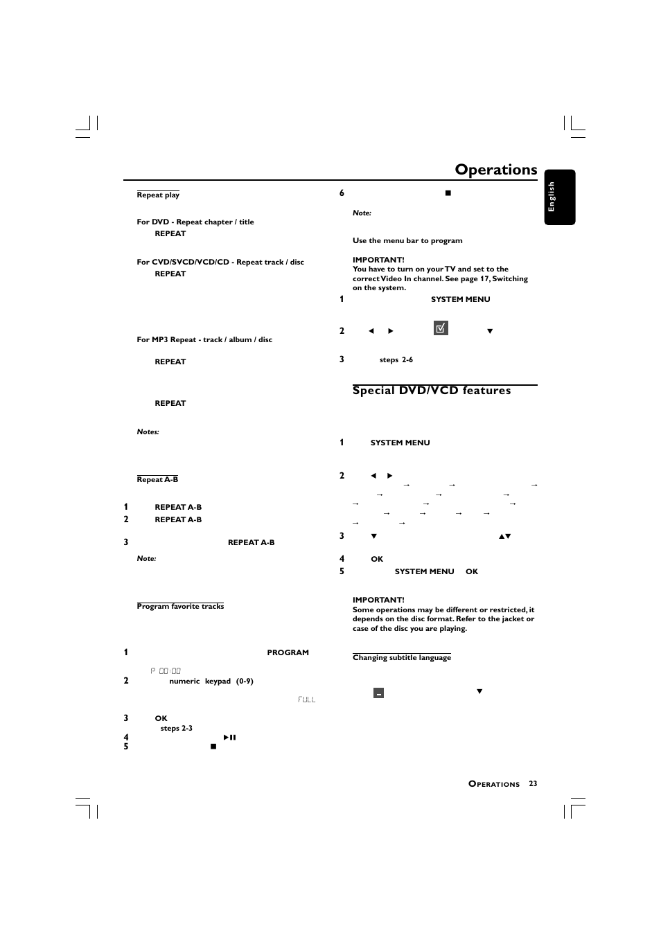 Operations, Special dvd/vcd features | Philips LX3750 User Manual | Page 23 / 33