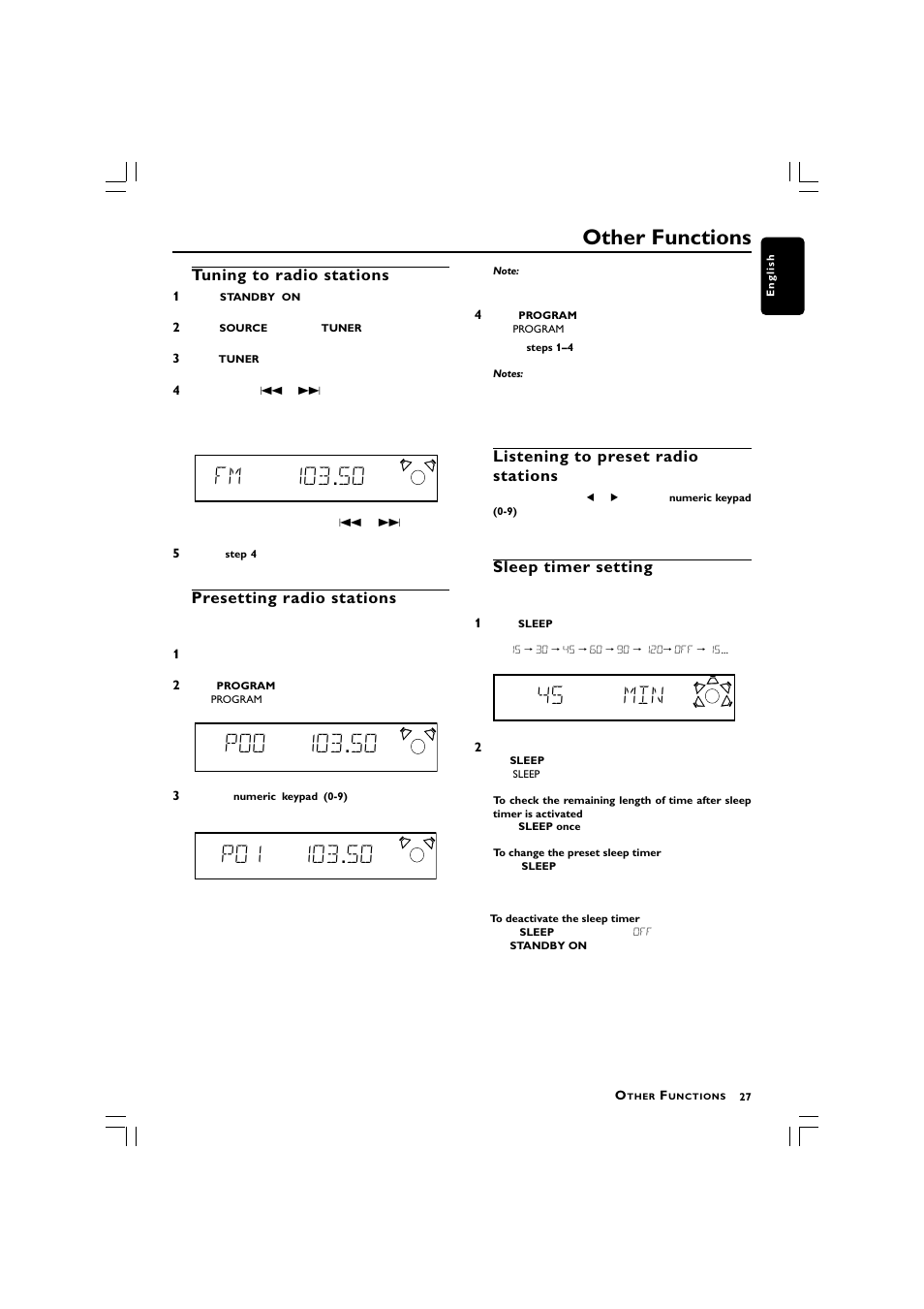45 min, Other functions, Tuning to radio stations | Presetting radio stations, Listening to preset radio stations, Sleep timer setting | Philips LX3750 User Manual | Page 27 / 33