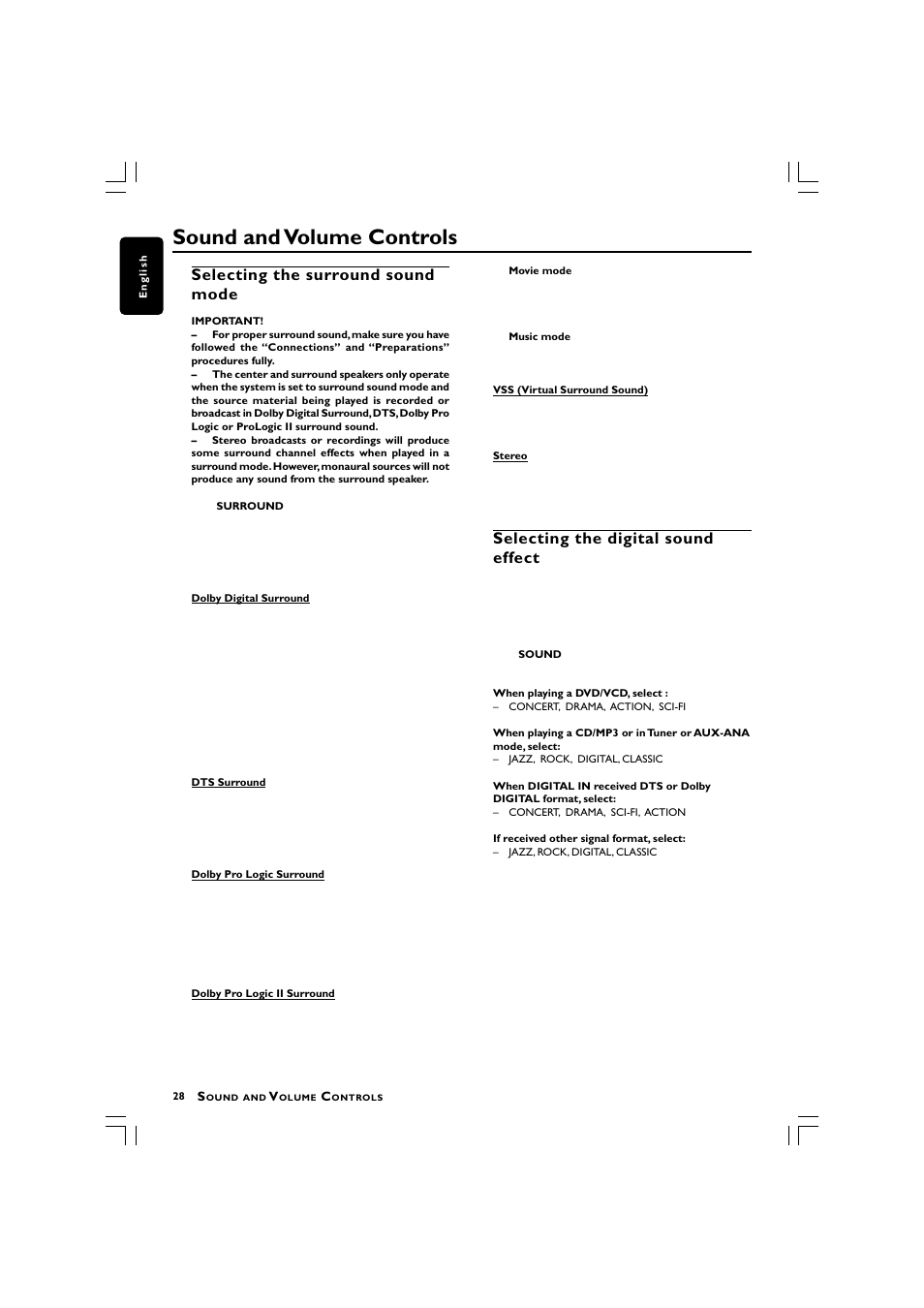 Sound and volume controls, Selecting the surround sound mode, Selecting the digital sound effect | Philips LX3750 User Manual | Page 28 / 33