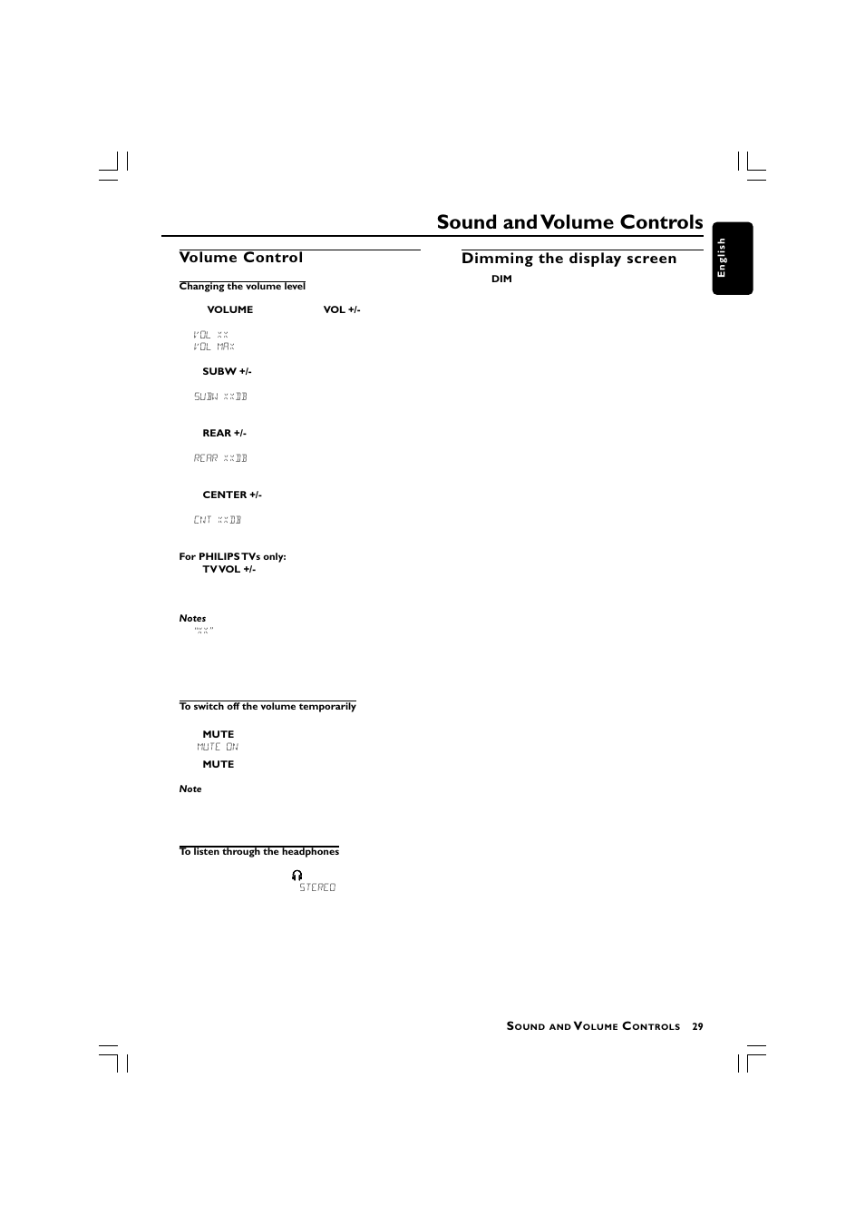 Sound and volume controls, Volume control, Dimming the display screen | Philips LX3750 User Manual | Page 29 / 33