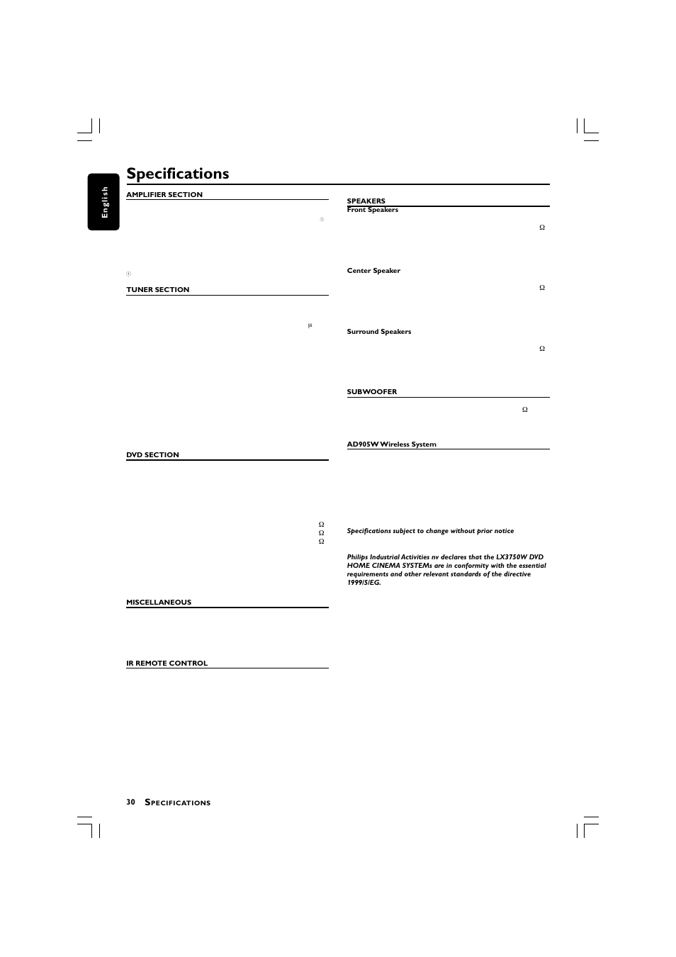 Specifications | Philips LX3750 User Manual | Page 30 / 33