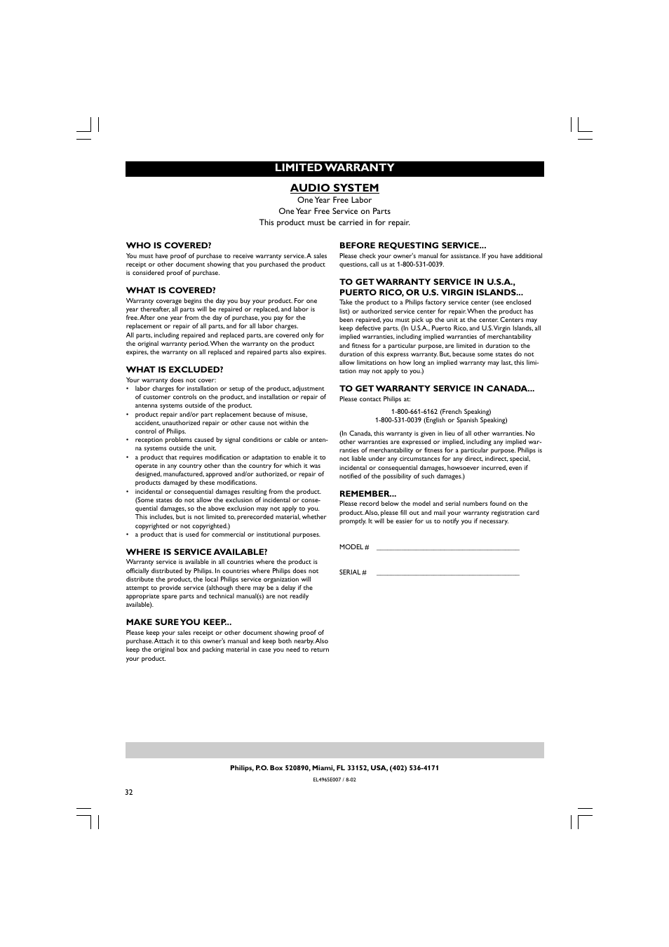Audio system, Limited warranty | Philips LX3750 User Manual | Page 32 / 33