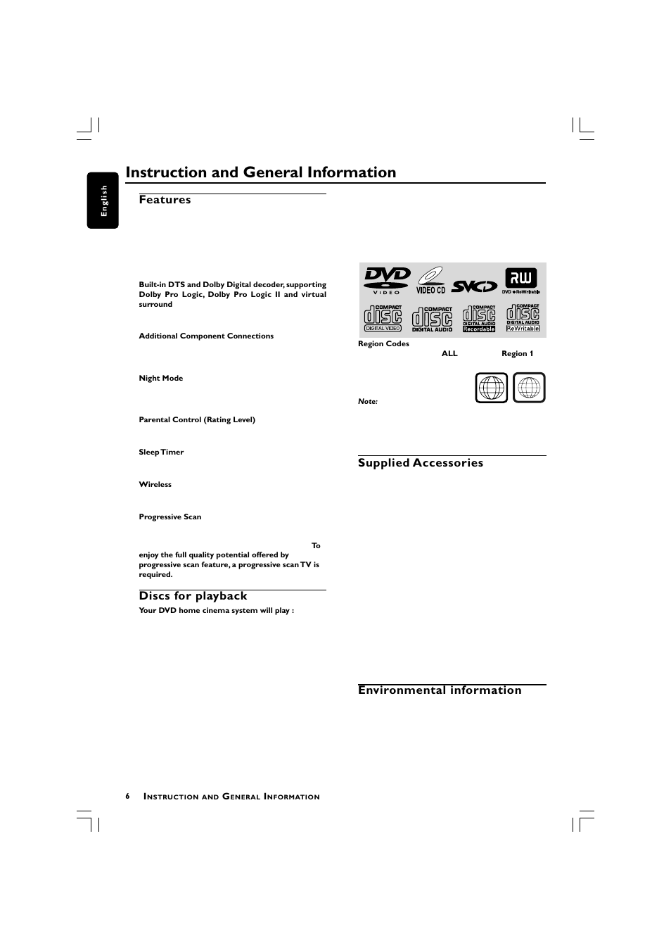Instruction and general information, Features, Discs for playback | Supplied accessories, Environmental information | Philips LX3750 User Manual | Page 6 / 33