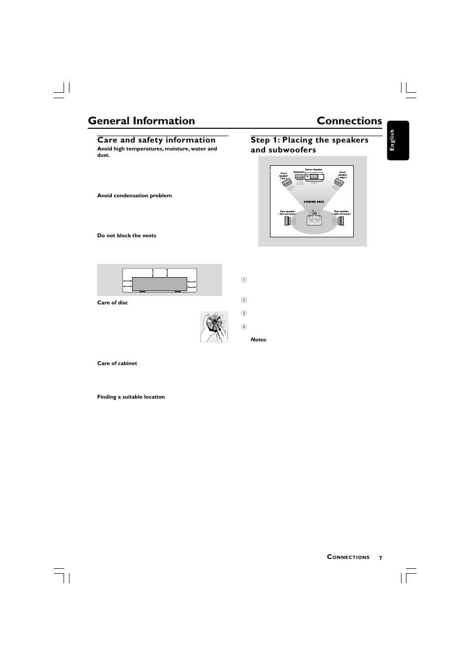 General information, Connections, Care and safety information | Step 1: placing the speakers and subwoofers | Philips LX3750 User Manual | Page 7 / 33
